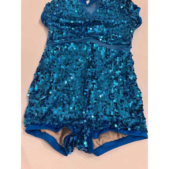 Weissman Crowd Go Crazy Blue Sequin Cap Sleeve Biketard Size MC Medium Child - Picture 3 of 8